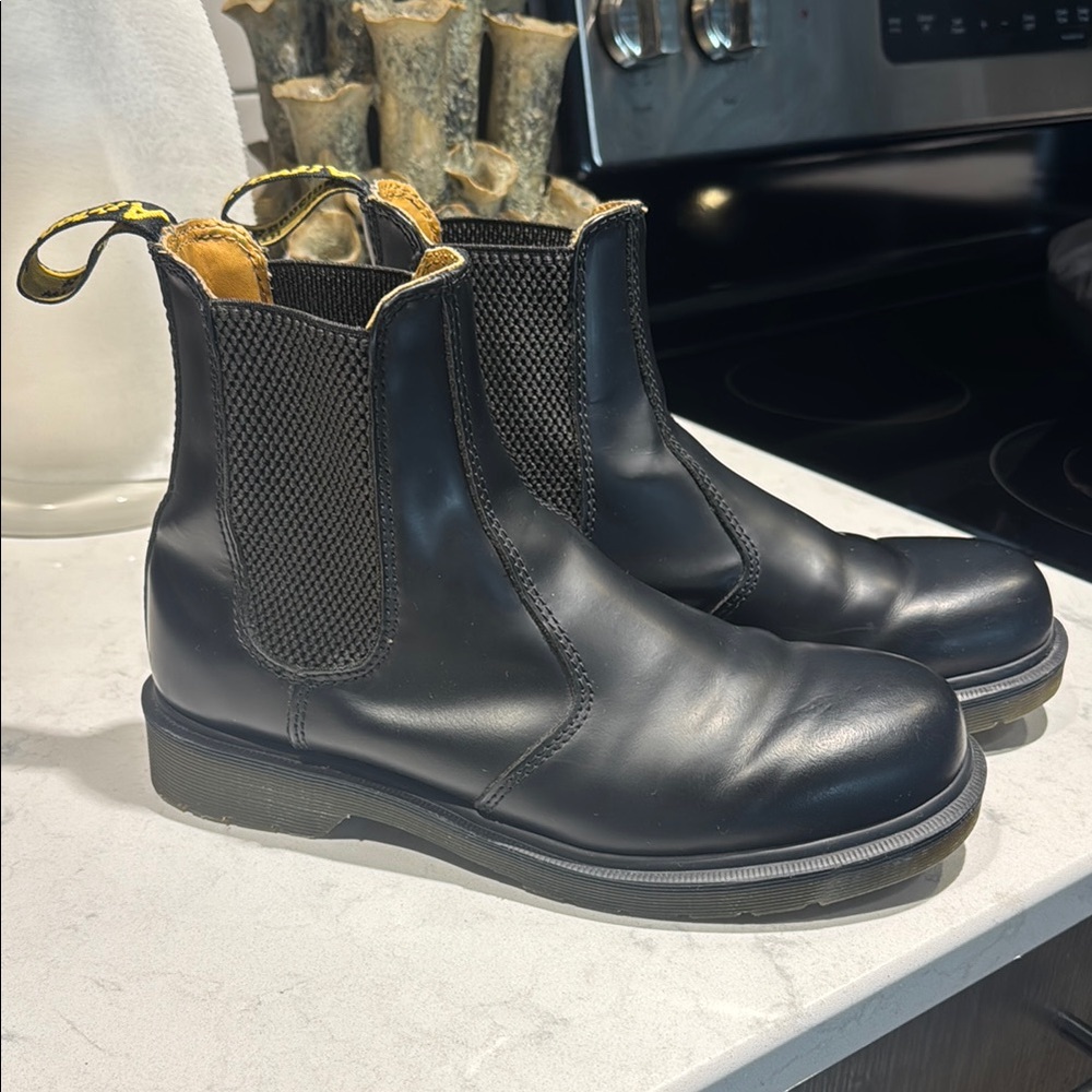 Dr. Martens Black Chelsea Combat Boots with Yellow Pull Tabs